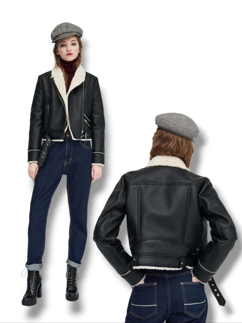 Zara Trafaluc Double-Faced Faux Fur Black PU Leather Biker Jacket With Belt